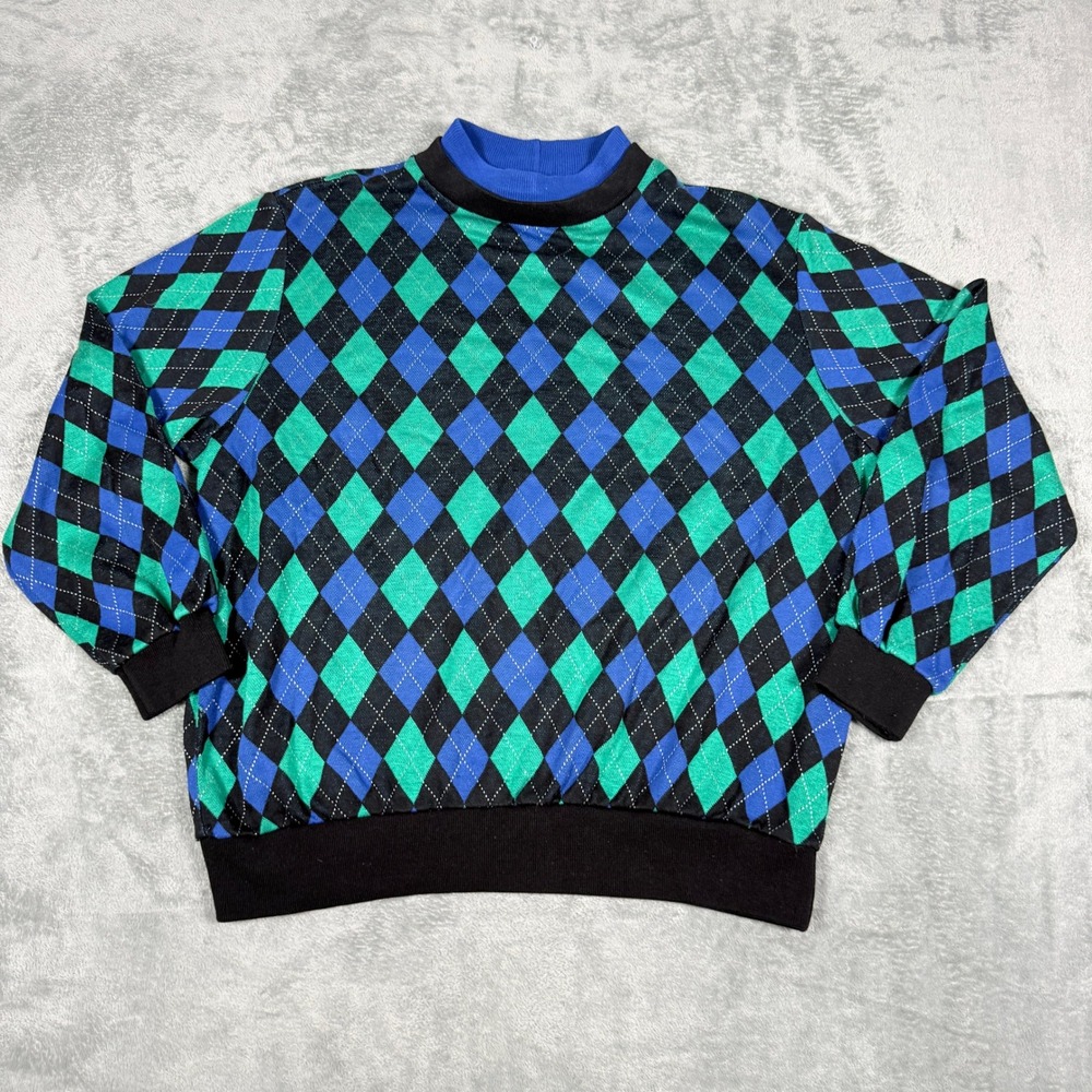 Vintage Cape Cod Mens Large Pullover Argyle Mock Neck Blue Green Black USA